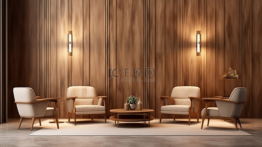 墙板背景图片_现代走廊和门厅，配有舒适的座位角落和 3D 渲染的木质墙板