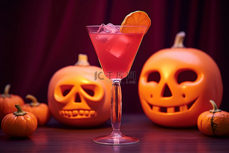 一杯带有骷髅和南瓜的橙色饮料
