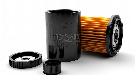 工业背景黑色背景图片_白色背景黑色外壳中新型机油滤清器滤芯和汽车发动机油罐的 3D 渲染