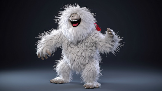 毛茸茸的白色雪人戴上圣诞帽，在 3D 渲染中做出举动