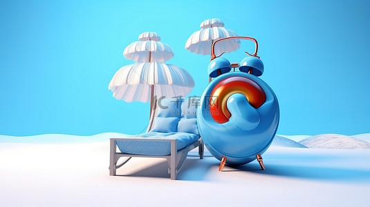 时间音乐背景图片_充气球和沙滩椅为带耳机 3D 渲染的蓝色闹钟设置场景