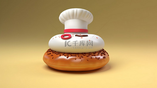美味早餐背景图片_3D 渲染的厨师帽坐在美味的甜甜圈上
