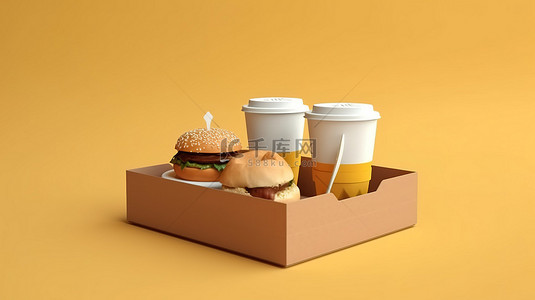 外卖零食背景图片_夫妇与外卖咖啡和汉堡小吃盒的 3D 渲染