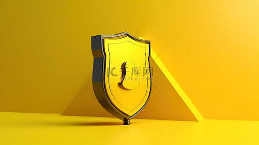黄色正面 3D 渲染安全和数据保护，带有盾牌图标密码和安全措施