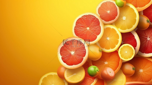 抽象水果背景图片_3D 渲染的水果背景，柚子片对角排列在橙色背景上