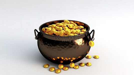 圣帕特里克格子背景图片_白色背景的 3D 渲染，带有装满金币的全铁锅