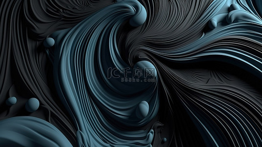3D 抽象黑色背景壁纸中的蓝色螺旋线艺术装饰漩涡