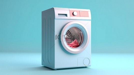 充满活力的蓝色背景 3D 设计上的时尚洗衣机