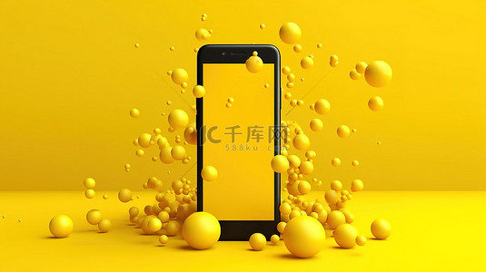 黄色背景，带有聊天气泡和智能手机简约模型，用于社交媒体短信或 SMS 3D 渲染插图