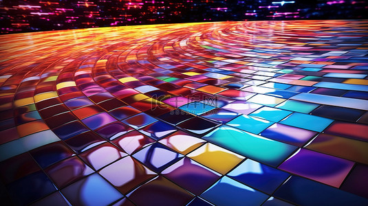 七彩色彩背景图片_玻璃砖地板上抽象彩色曲线的 3D 渲染反射