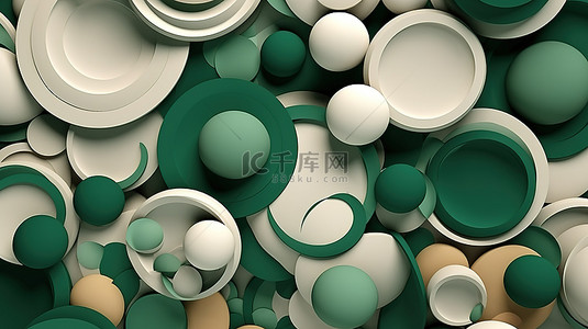 绿色白色和米色圆形形状的抽象 3D 渲染