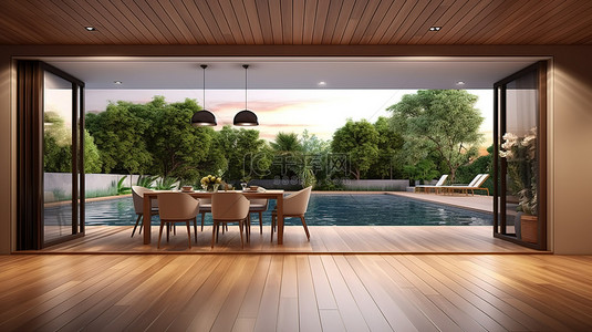 现代起居和用餐区，配有池畔露台背景 3D 渲染，展示敞开的门和自然景观