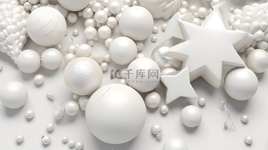 光滑的白色金属球珍珠和星光五彩纸屑排列在浅色单色背景上的平躺风格