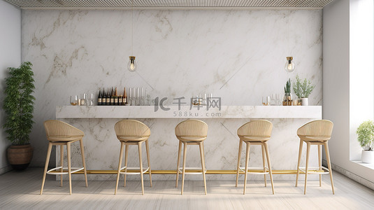 石房背景图片_室内场景和模型白墙酒吧与石柜台和椅子在背景 3d 渲染插图