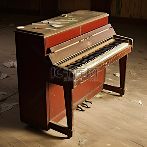 一键还原背景图片_地板上放着一架带有钢琴键的钢琴