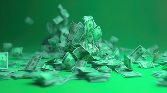 绿色背景与 3D 现金强调省钱的概念和无现金的未来插图渲染