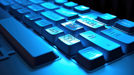 3D 渲染白色 PC 键盘的极端特写，带有突出的蓝色 php 编程键