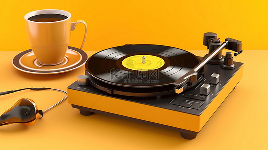 舞蹈黄色背景图片_DJ 在 3D 渲染的充满活力的黄色背景上设置高品质转盘耳机和咖啡杯