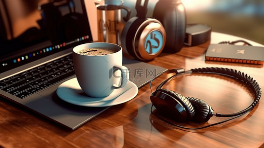 令人惊叹的 3D 渲染中的咖啡耳机笔记本电脑和手机