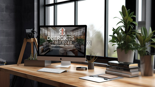 以 3D 渲染方式显示在办公室桌面上的数字营销网站