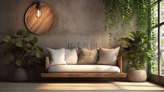 舒适的木质风格客厅的 3D 渲染，配有沙发枕头灯植物和窗户
