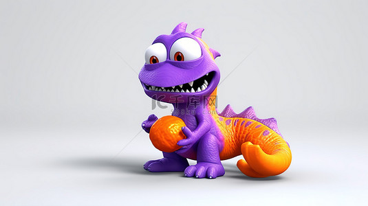 一只异想天开的紫色恐龙，举止顽皮，抓着橙色的水果