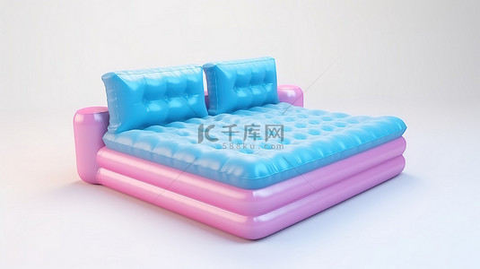 清新的白色背景 3D 渲染图像上通风的粉色和蓝色泳池床垫