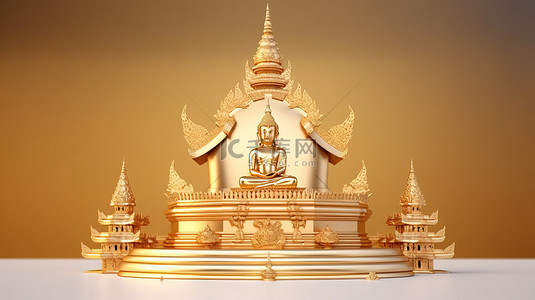 镀金讲台和佛像站在房屋形状的泰式基座 3D 渲染上