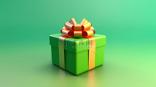 绿色礼物盒背景图片_绿色背景 3D 渲染上带有彩色蝴蝶结的逼真礼品盒