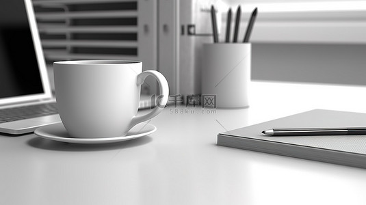 时尚的工作空间，配有白色办公桌咖啡杯文具和用品 3D 渲染