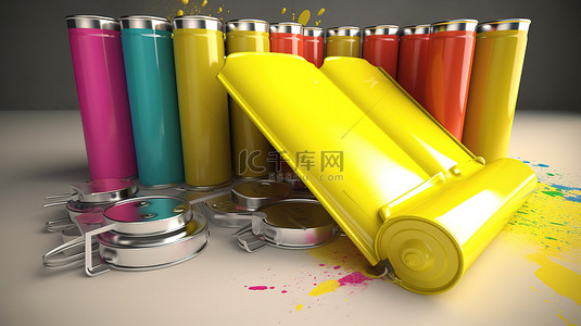 雪花喷雾背景图片_充满活力的喷雾罐和带有 3D 渲染文档的黄色文件夹