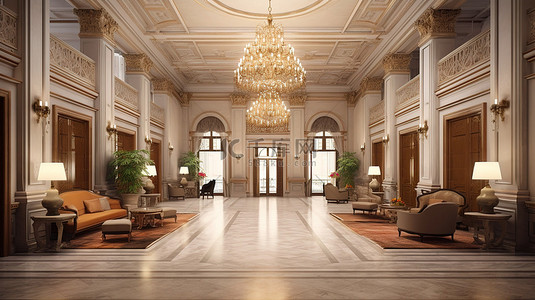 经典风格酒店大堂的永恒设计 3D 渲染