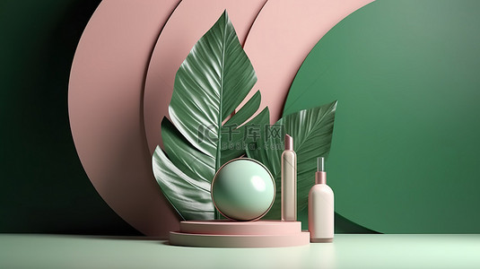 化妆品背景植物背景图片_产品展示通过 3D 渲染的化妆品背景讲台和自然光叶影增强