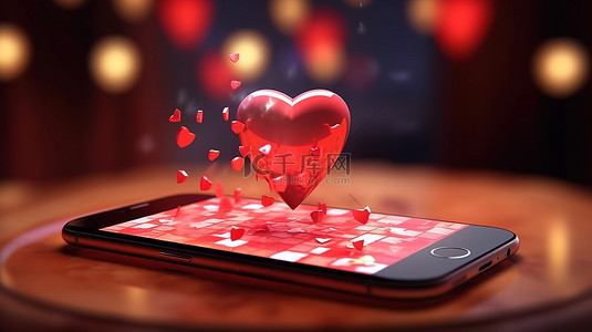 手机触屏手背景图片_带有约会应用程序和情人节概念的现实智能手机的 3D 插图