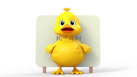 招牌空白背景图片_3D 渲染黄色卡通鸭人物吉祥物，白色背景上有广告架