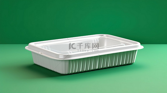 绿色背景上的空白标签白色塑料食品容器托盘，用于定制设计 3D 渲染