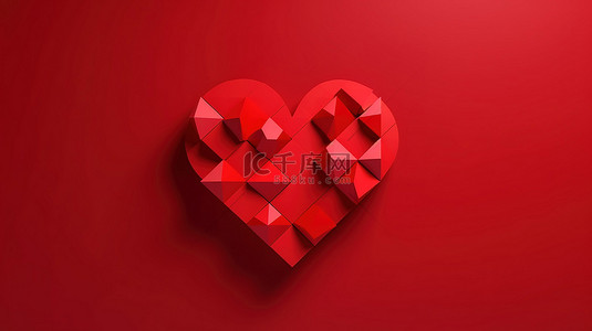 多巴胺爱心背景图片_红心七巧板是红色背景上带有文本空间的 3D 渲染艺术