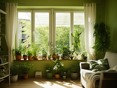 播客背景图片_充满窗户和植物的家中的客厅