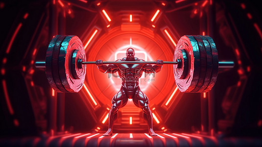 沉重的背景背景图片_一个肌肉发达的人举起沉重的新加密杠铃的 3D 插图