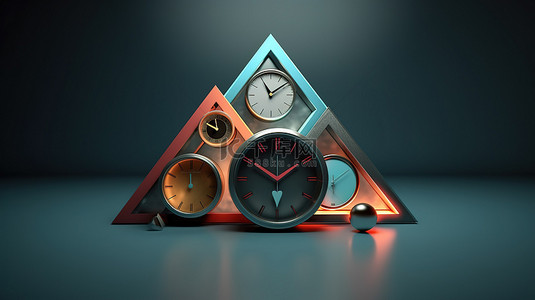 几何形状三角形圆形和方形时钟的 3D 插图