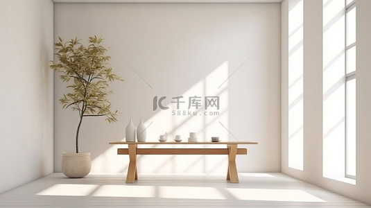 家庭背景图片_明亮通风的简约房间，拥有自然阳光和阴影，配有时尚的白色室内木制餐桌和长凳