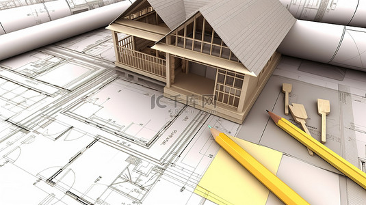 白色背景上装饰 3D 房屋的蓝图和工具