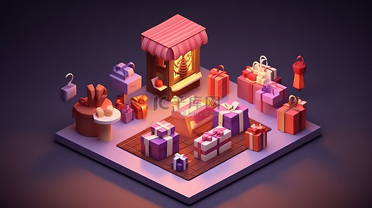 3D 在线购物图标集以礼品盒和购物袋为特色，拥抱虚拟购物的概念