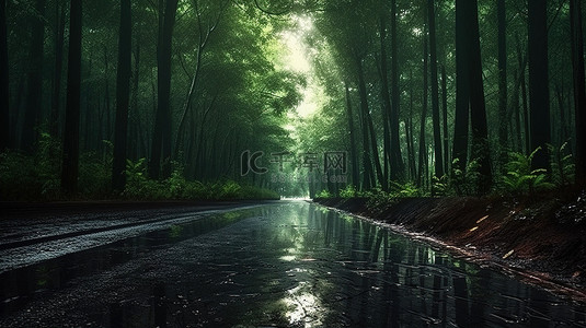 森林地面背景图片_雾气缭绕的小路蜿蜒穿过郁郁葱葱的绿色森林精美的 3D 渲染光栅艺术