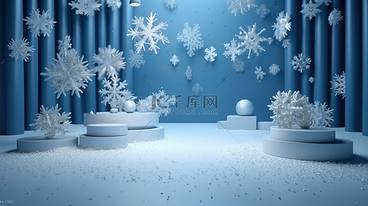 节日雪背景 3D 渲染工作室拍摄，用于季节性或圣诞节产品展示