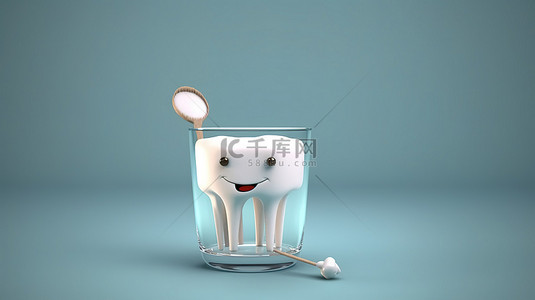洁白的牙齿背景图片_玻璃可视化中可爱的 3D 卡通牙齿和牙刷