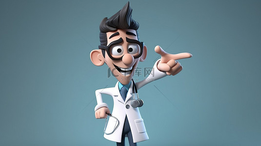 卡通医生 3D 渲染穿着制服和听诊器用手指指着