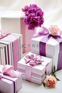 紫色母亲节背景图片_带丝带的粉色和紫色礼品盒