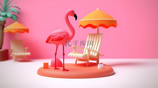 智能手机度假预订的 3D 插图，配有海滩躺椅和火烈鸟漂浮物，非常适合您的夏季度假