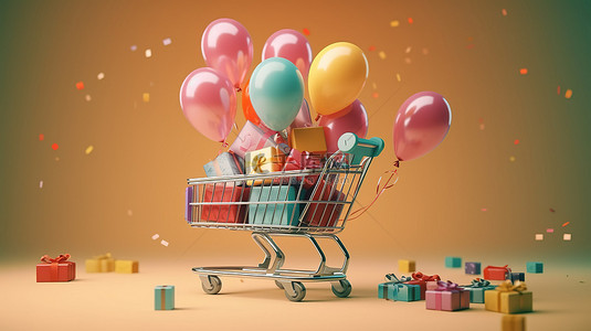 促销热卖标签组合背景图片_用于在线购物设计的带有礼品盒的购物车的 3D 插图